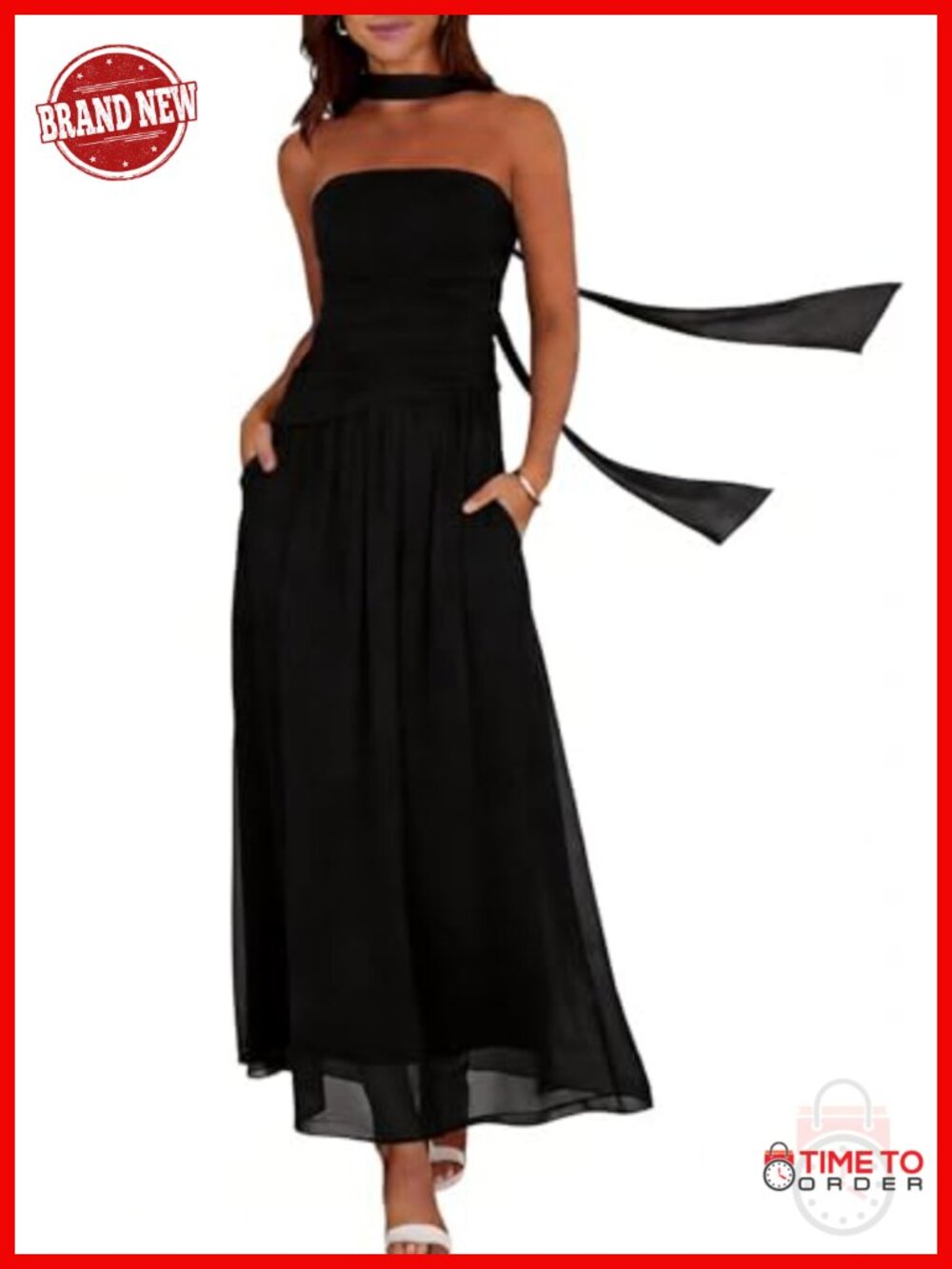 Women's Strapless Ruched A-Line Maxi Dress with Scarf Pockets Wedding Guest